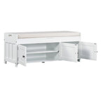 Upholstered Storage Ottoman Bench with 3 Shutter-Shaped Doors Cabinet