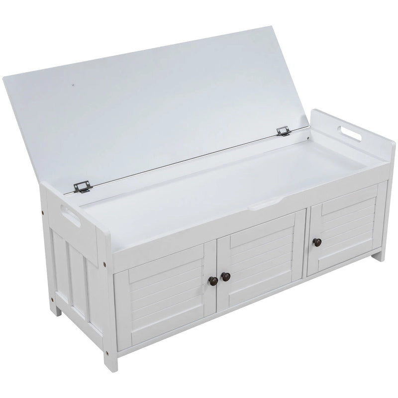 Upholstered Storage Ottoman Bench with 3 Shutter-Shaped Doors Cabinet