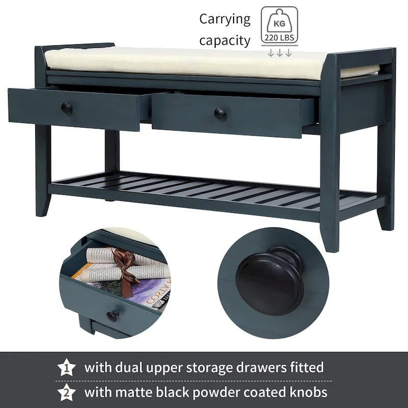 Shoe Rack with Cushioned Seat and Drawers, Multipurpose Entryway Storage Bench