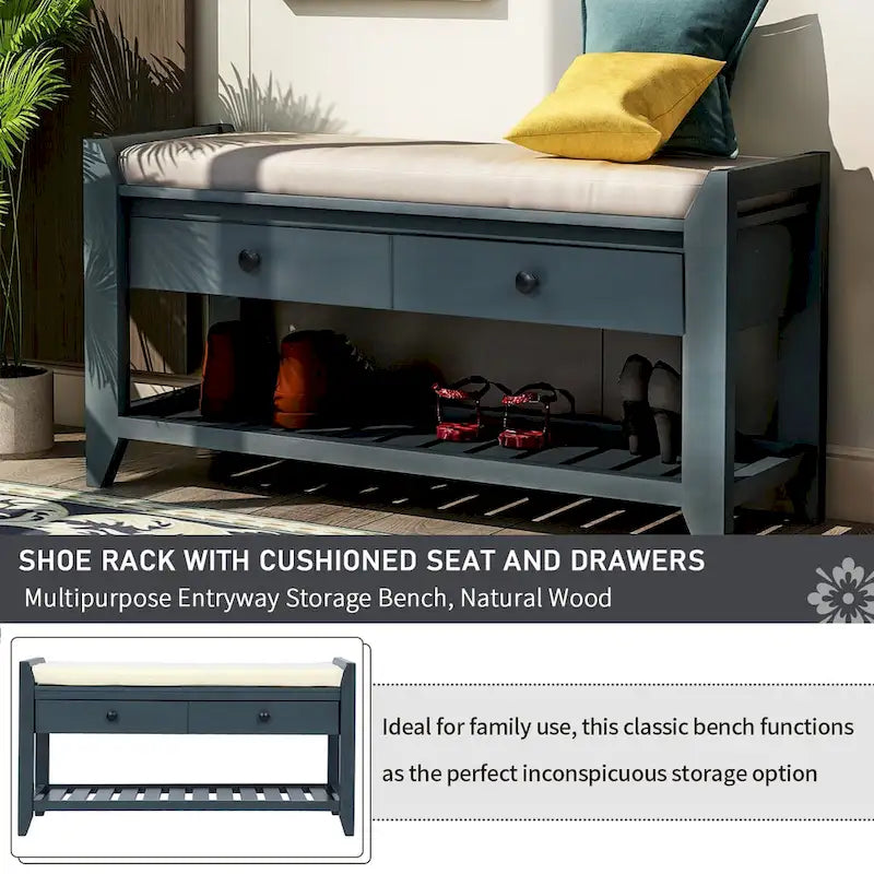 Shoe Rack with Cushioned Seat and Drawers, Multipurpose Entryway Storage Bench