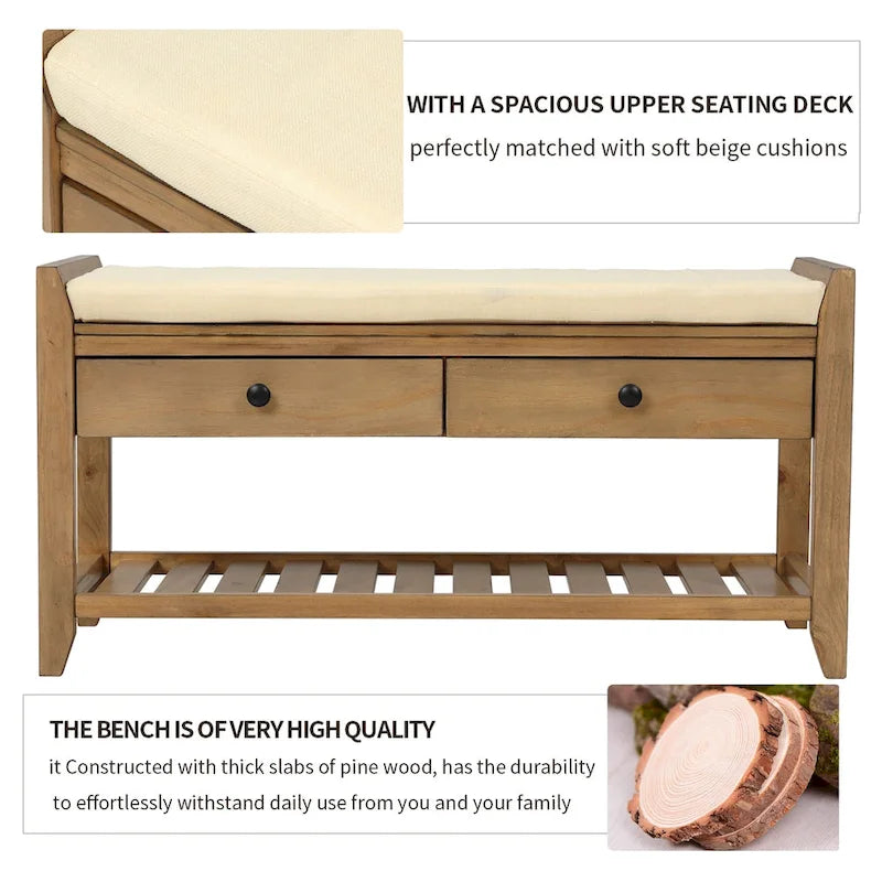 Shoe Rack with Cushioned Seat and Drawers, Multipurpose Entryway Storage Bench