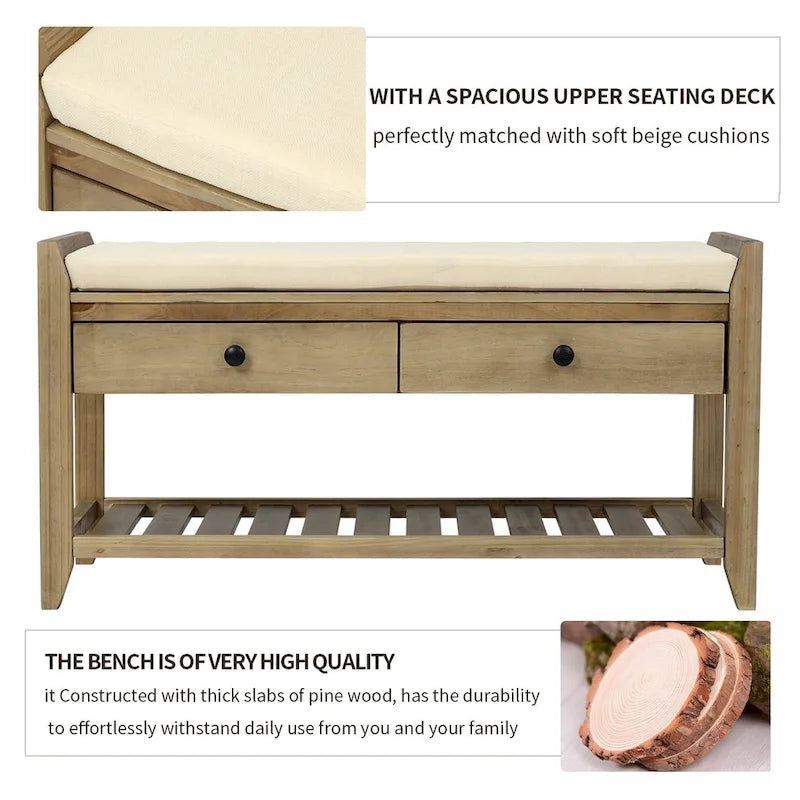 Shoe Rack with Cushioned Seat and Drawers, Multipurpose Entryway Storage Bench