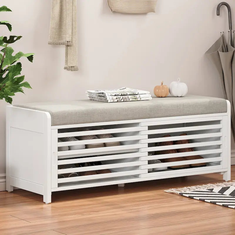 Distressed Shutter Storage Bench with Acacia Veneer for Retro Charm for Living Room, Entryway