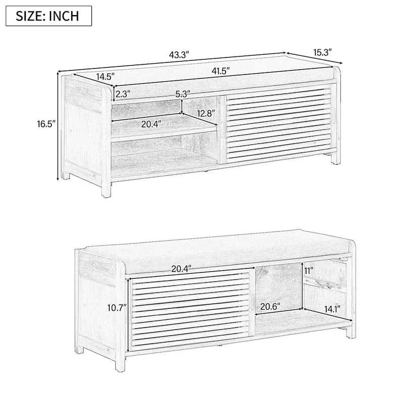 Distressed Shutter Storage Bench with Acacia Veneer for Retro Charm for Living Room, Entryway