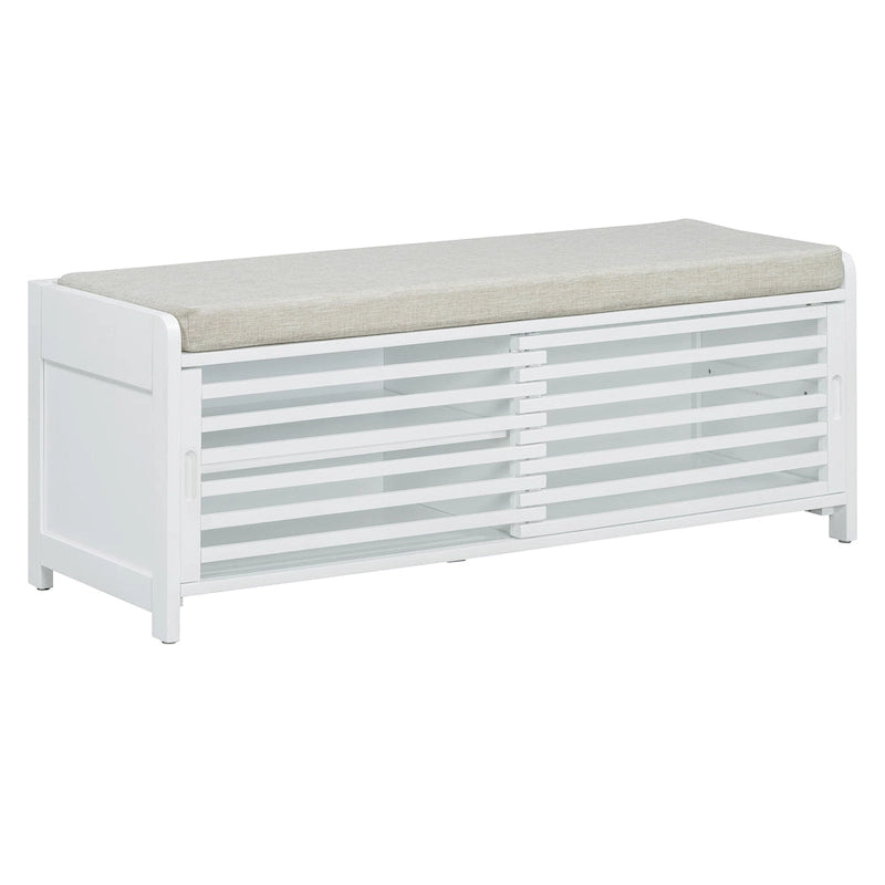 Distressed Shutter Storage Bench with Acacia Veneer for Retro Charm for Living Room, Entryway