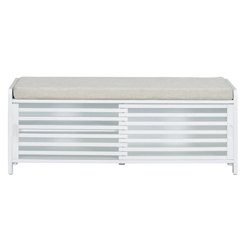 Distressed Shutter Storage Bench with Acacia Veneer for Retro Charm for Living Room, Entryway