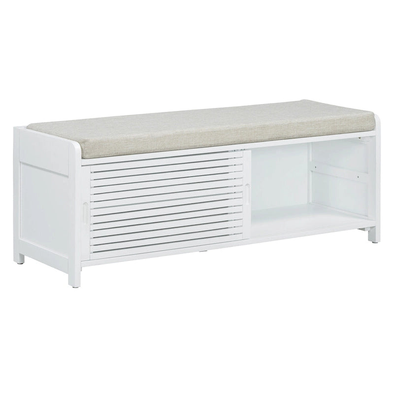 Distressed Shutter Storage Bench with Acacia Veneer for Retro Charm for Living Room, Entryway