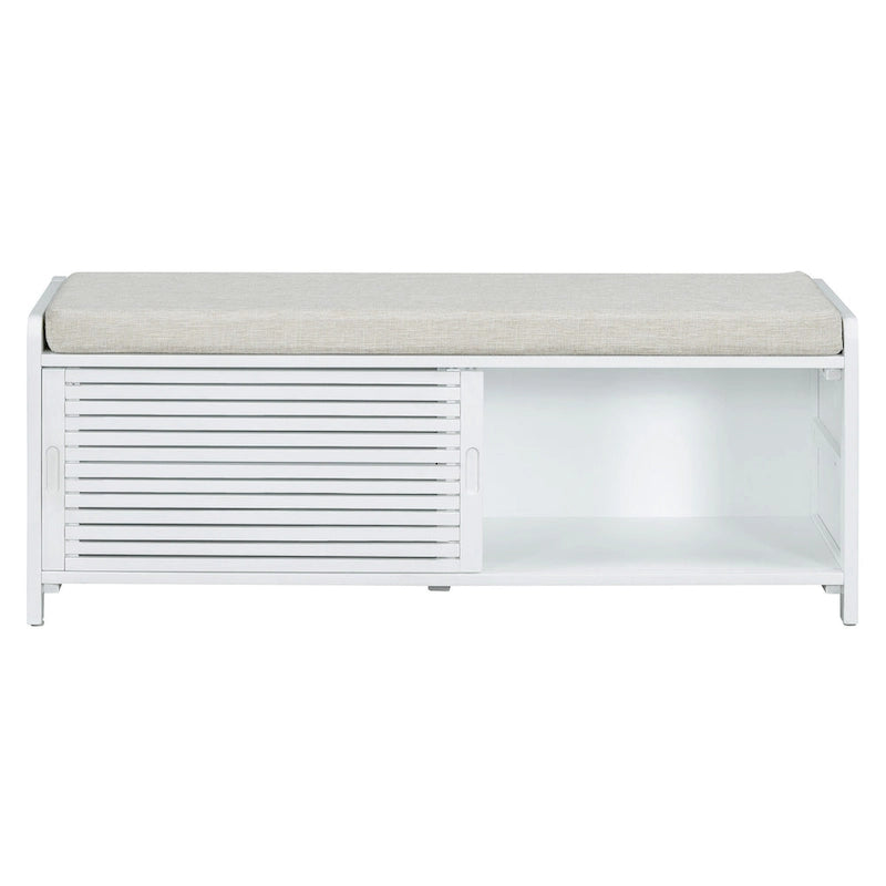 Distressed Shutter Storage Bench with Acacia Veneer for Retro Charm for Living Room, Entryway