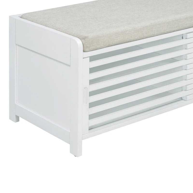 Distressed Shutter Storage Bench with Acacia Veneer for Retro Charm for Living Room, Entryway