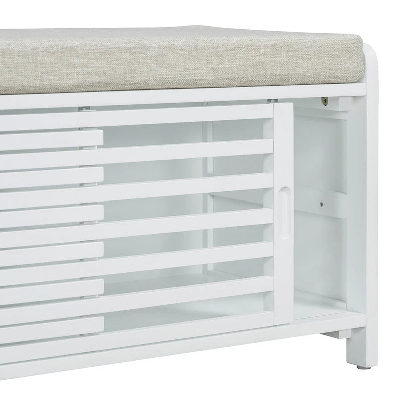 Distressed Shutter Storage Bench with Acacia Veneer for Retro Charm for Living Room, Entryway
