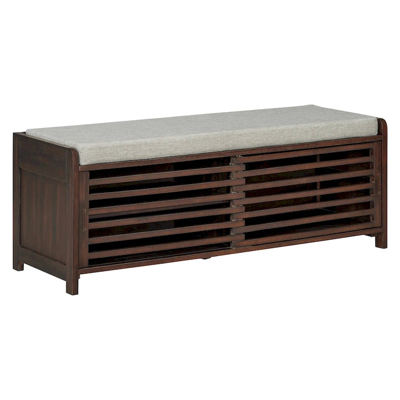 Distressed Shutter Storage Bench with Acacia Veneer for Retro Charm for Living Room, Entryway