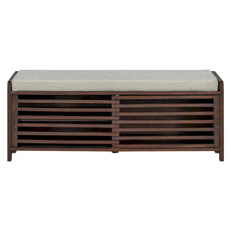 Distressed Shutter Storage Bench with Acacia Veneer for Retro Charm for Living Room, Entryway