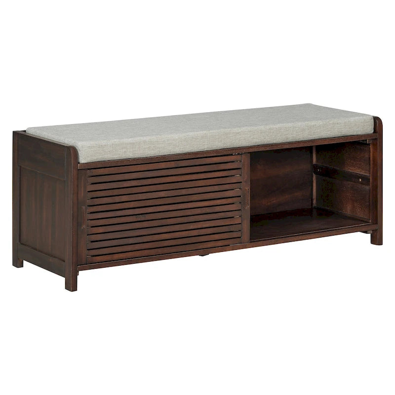 Distressed Shutter Storage Bench with Acacia Veneer for Retro Charm for Living Room, Entryway