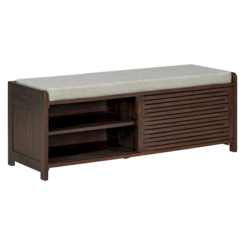 Distressed Shutter Storage Bench with Acacia Veneer for Retro Charm for Living Room, Entryway