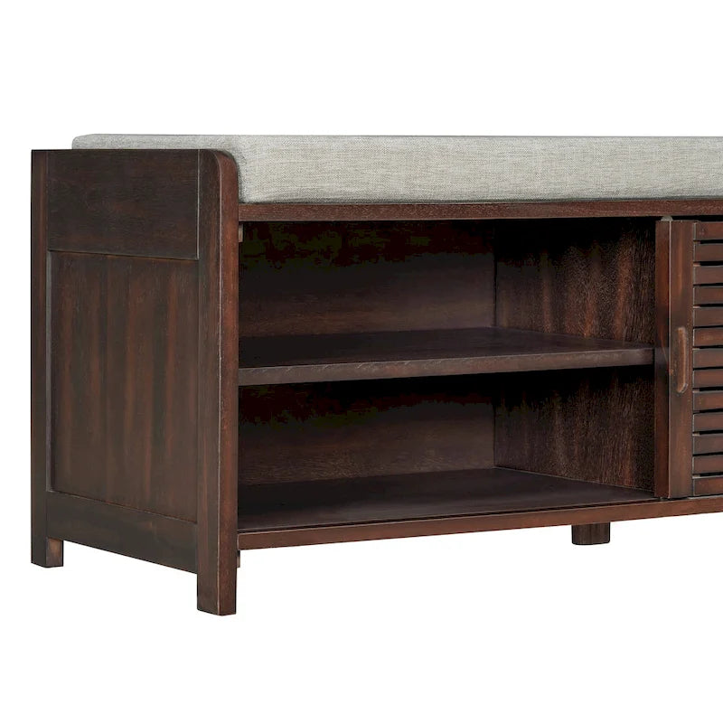 Distressed Shutter Storage Bench with Acacia Veneer for Retro Charm for Living Room, Entryway
