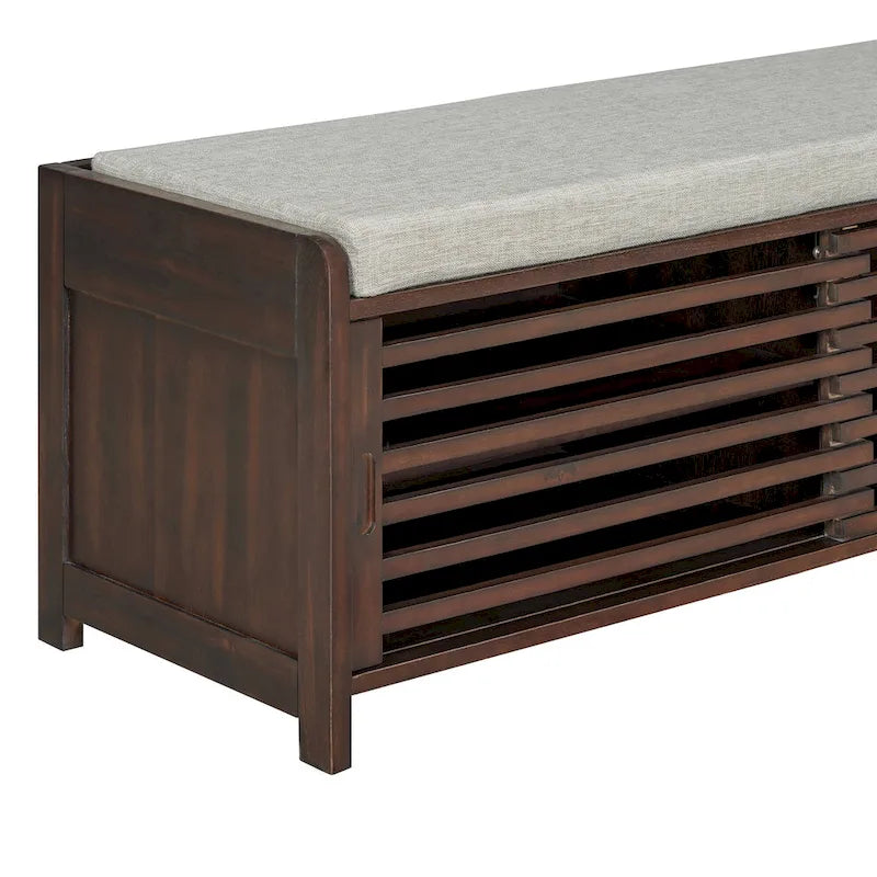Distressed Shutter Storage Bench with Acacia Veneer for Retro Charm for Living Room, Entryway