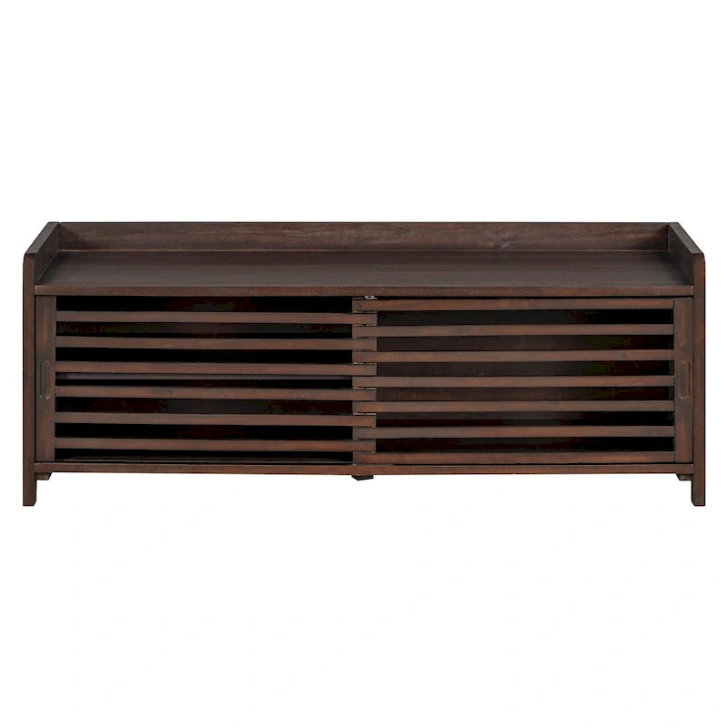 Distressed Shutter Storage Bench with Acacia Veneer for Retro Charm for Living Room, Entryway