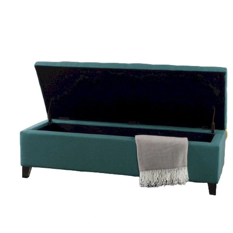 Nira Storage Ottoman Bench, Button Tufted Teal Blue Fabric, 51 Inch