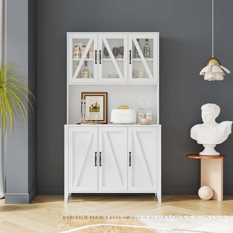 Large Kitchen Pantry Storage Cabinet with Glass Doors,Drawers & Open Shelves