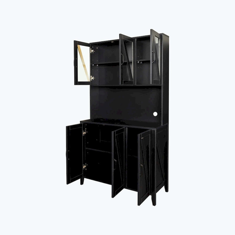 Large Kitchen Pantry Storage Cabinet with Glass Doors,Drawers & Open Shelves