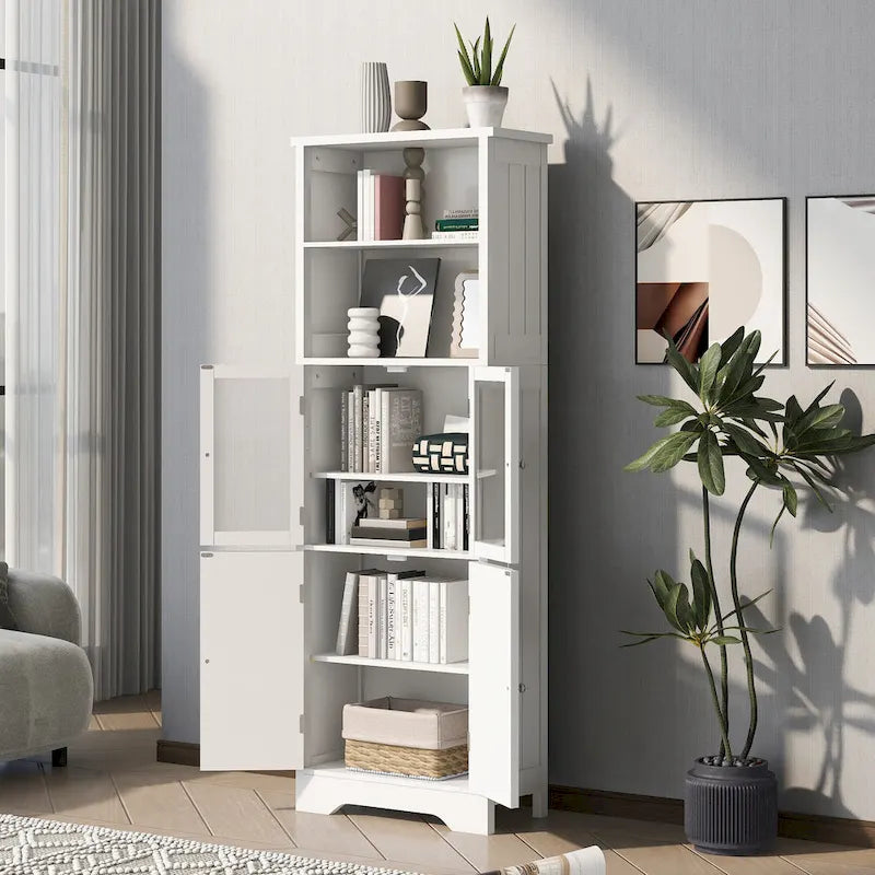 White Tall Bathroom Storage Cabinet with Shelves and Doors for Kitchen and Living Room - 23W x64H