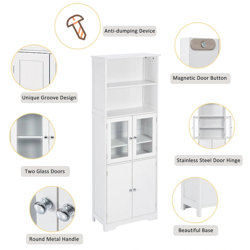 White Tall Bathroom Storage Cabinet with Shelves and Doors for Kitchen and Living Room - 23W x64H