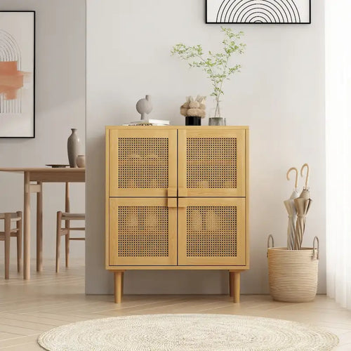 4-türiger Rattan-Gitter-Vorratschrank, Sideboard mit acht Ablagefächern
