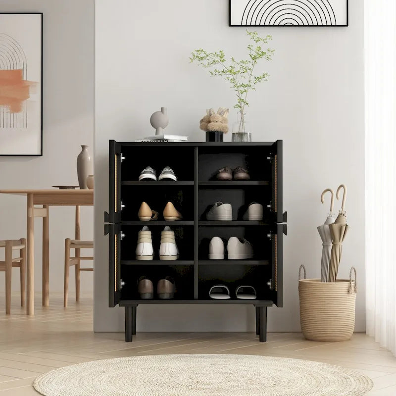 4-Doors Rattan Mesh Storage Cabinet, Sideboard with Eight Storage Spaces