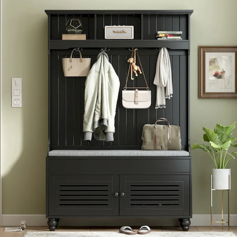 47.2 Entryway Bench with Shutter-Shaped Doors, Coat Rack, Cushion and 4 Sturdy Hooks