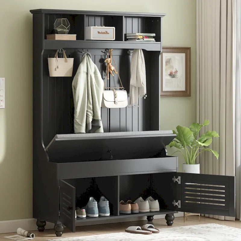 47.2 Entryway Bench with Shutter-Shaped Doors, Coat Rack, Cushion and 4 Sturdy Hooks