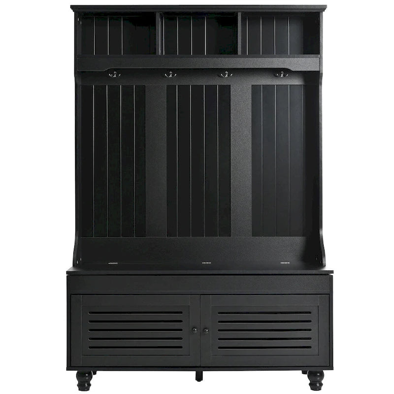47.2 Entryway Bench with Shutter-Shaped Doors, Coat Rack, Cushion and 4 Sturdy Hooks