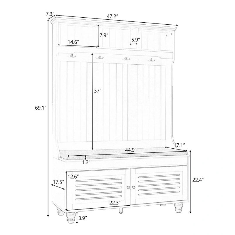 47.2 Entryway Bench with Shutter-Shaped Doors, Coat Rack, Cushion and 4 Sturdy Hooks