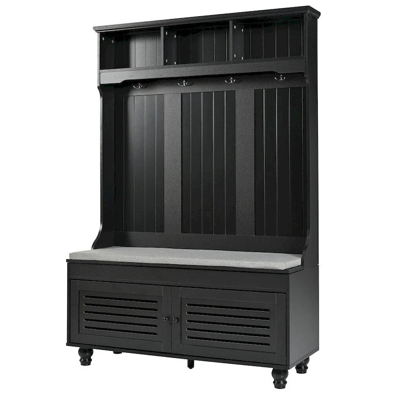 47.2 Entryway Bench with Shutter-Shaped Doors, Coat Rack, Cushion and 4 Sturdy Hooks