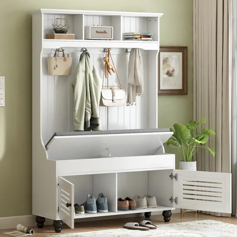 47.2 Entryway Bench with Shutter-Shaped Doors, Coat Rack, Cushion and 4 Sturdy Hooks