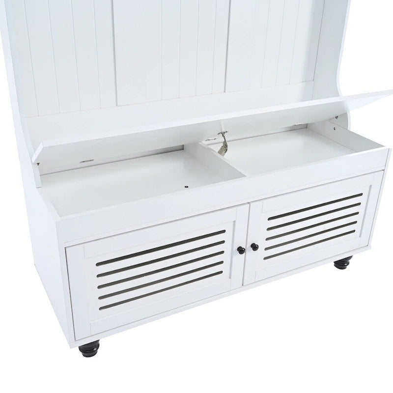 47.2 Entryway Bench with Shutter-Shaped Doors, Coat Rack, Cushion and 4 Sturdy Hooks
