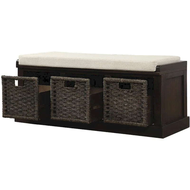 Entryway Bench with 3 Removable Classic Rattan Baskets - 43.7L x 15.7W x 17H