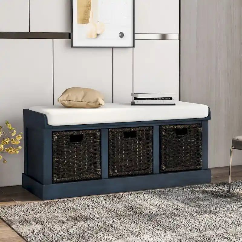 Entryway Bench with 3 Removable Classic Rattan Baskets - 43.7L x 15.7W x 17H
