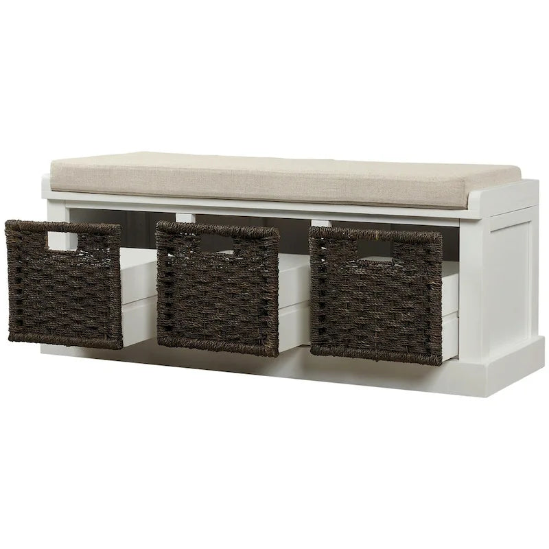 Entryway Bench with 3 Removable Classic Rattan Baskets - 43.7L x 15.7W x 17H
