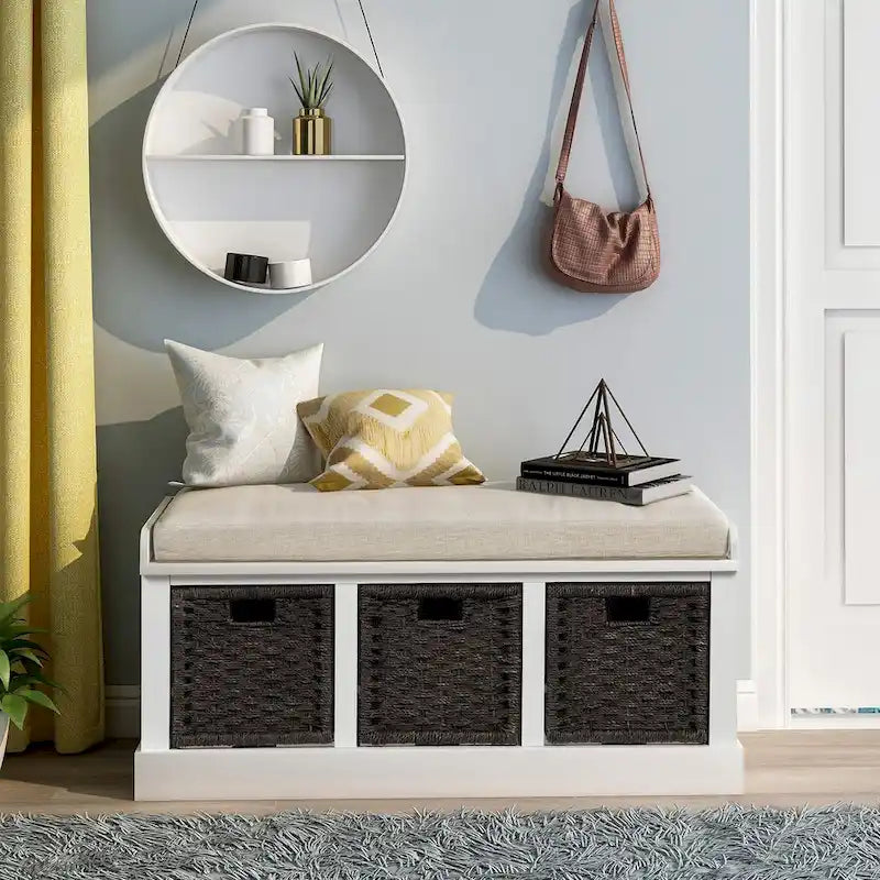 Entryway Bench with 3 Removable Classic Rattan Baskets - 43.7L x 15.7W x 17H