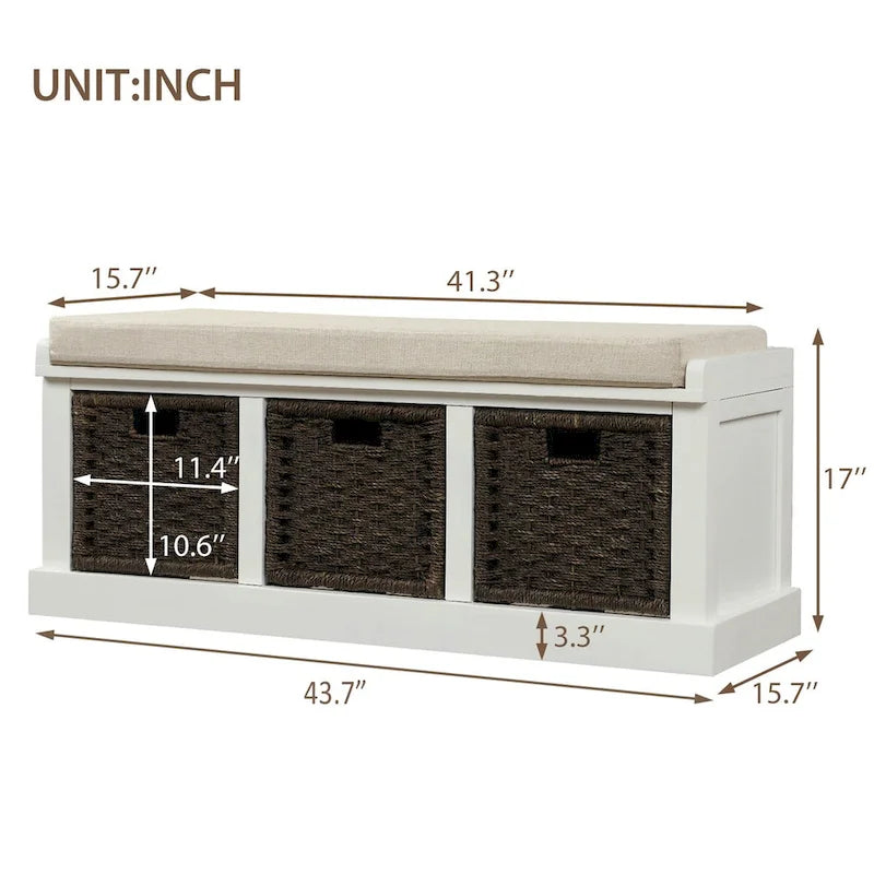Entryway Bench with 3 Removable Classic Rattan Baskets - 43.7L x 15.7W x 17H