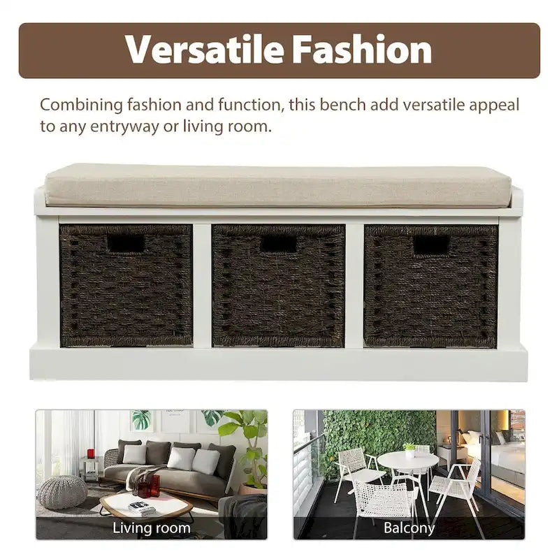 Entryway Bench with 3 Removable Classic Rattan Baskets - 43.7L x 15.7W x 17H