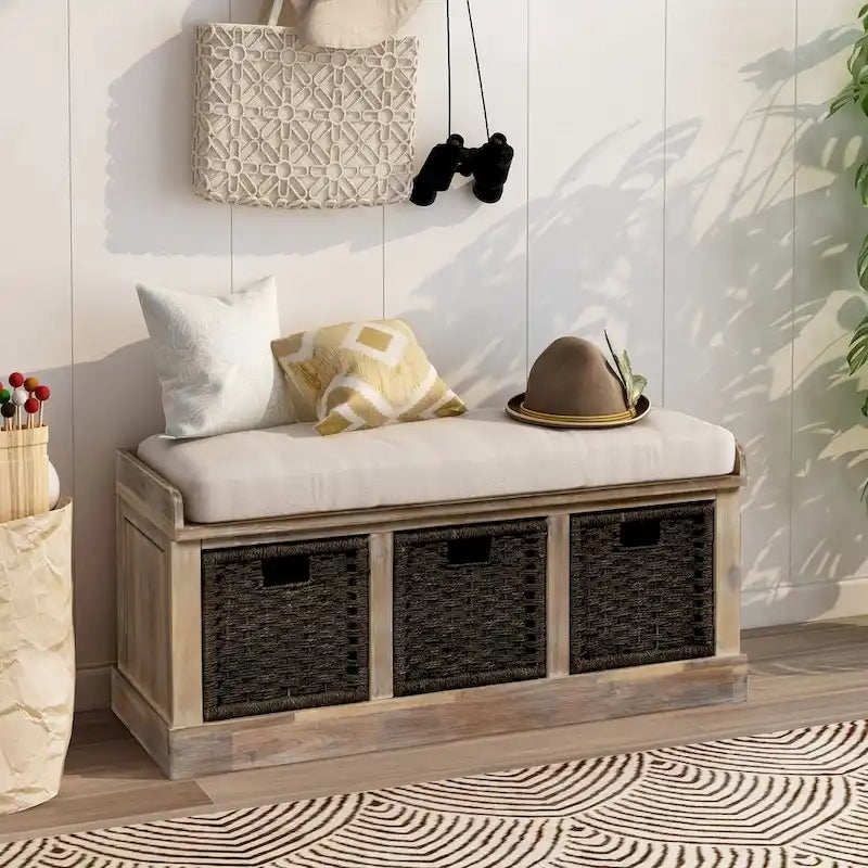 Entryway Bench with 3 Removable Classic Rattan Baskets - 43.7L x 15.7W x 17H