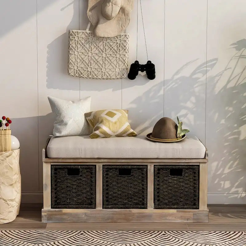 Entryway Bench with 3 Removable Classic Rattan Baskets - 43.7L x 15.7W x 17H