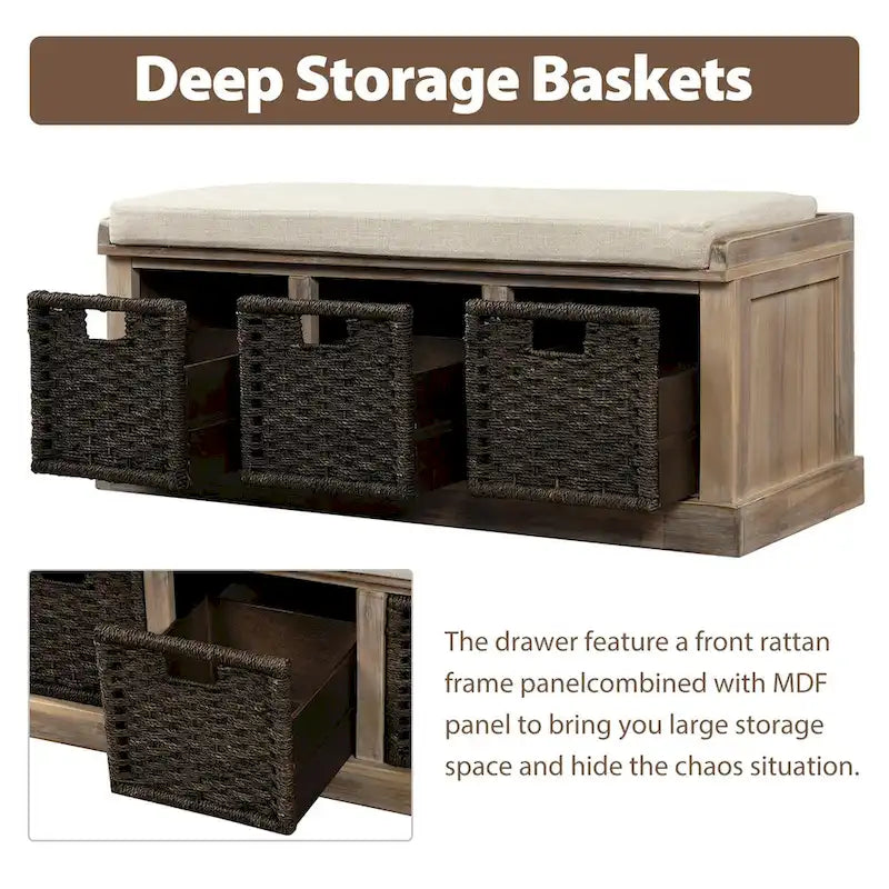 Entryway Bench with 3 Removable Classic Rattan Baskets - 43.7L x 15.7W x 17H