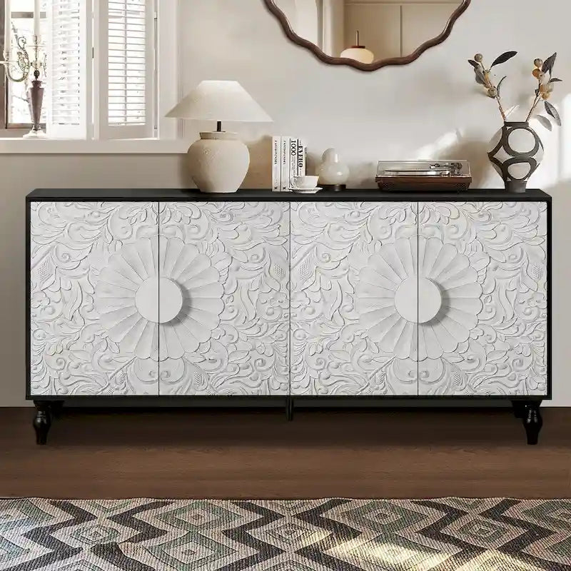 Vintage Carved Flower Door Cabinet With Adjustable Shelves