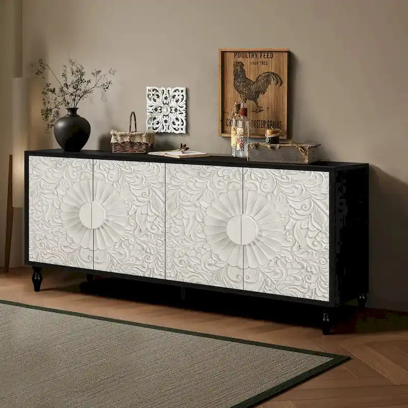 Vintage Carved Flower Door Cabinet With Adjustable Shelves