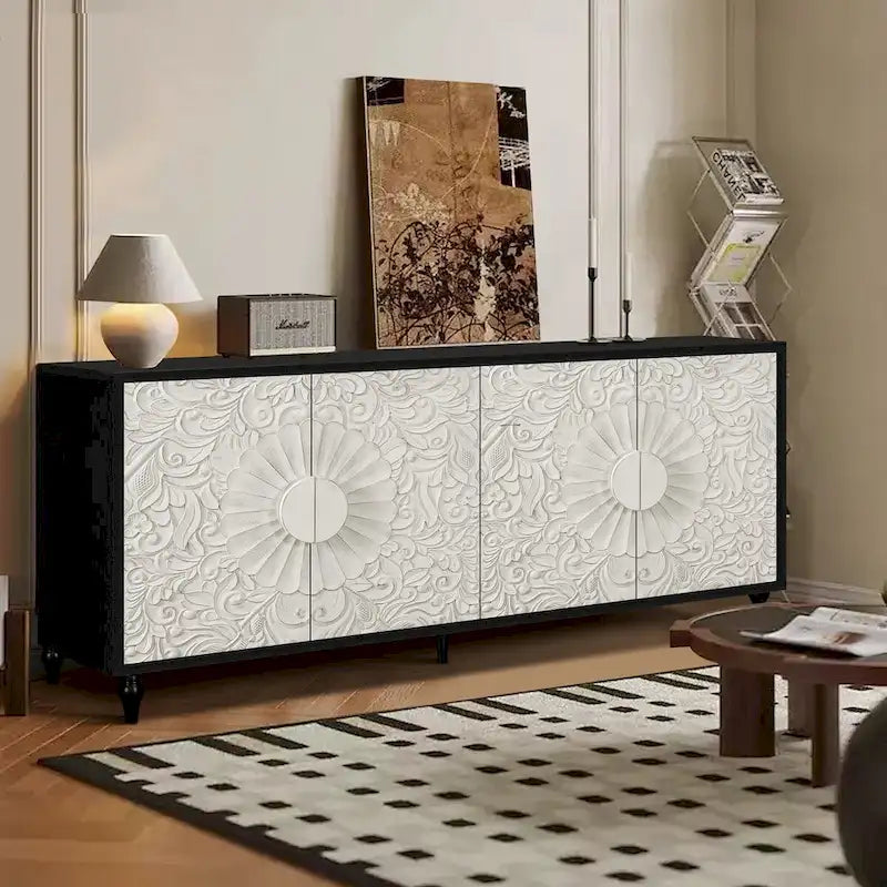 Vintage Carved Flower Door Cabinet With Adjustable Shelves