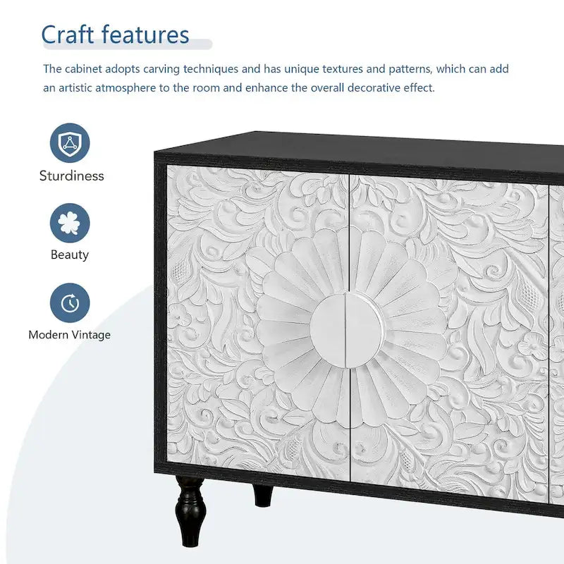 Vintage Carved Flower Door Cabinet With Adjustable Shelves
