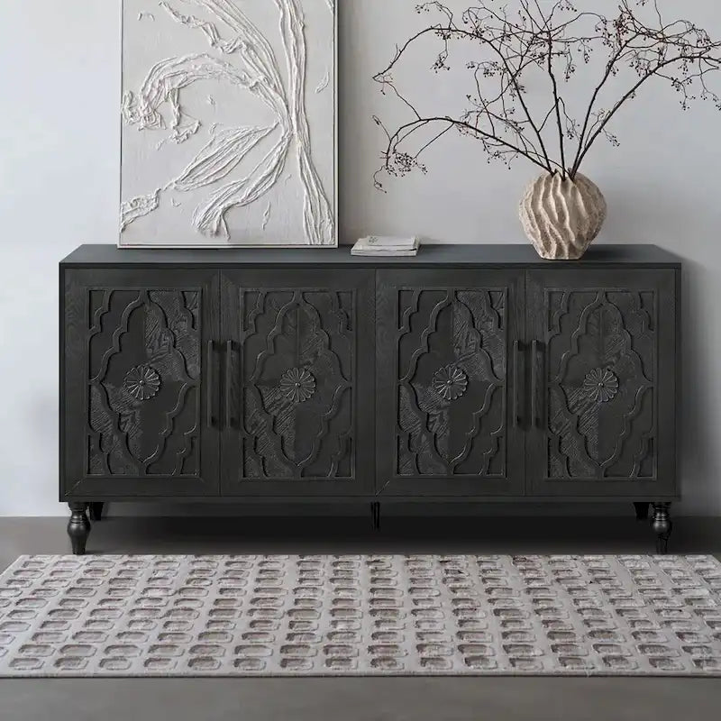 Vintage Carved Flower Door Cabinet With Adjustable Shelves