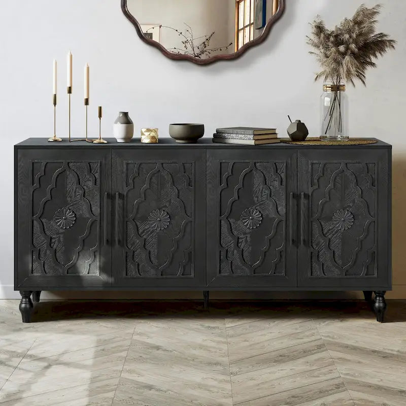 Vintage Carved Flower Door Cabinet With Adjustable Shelves